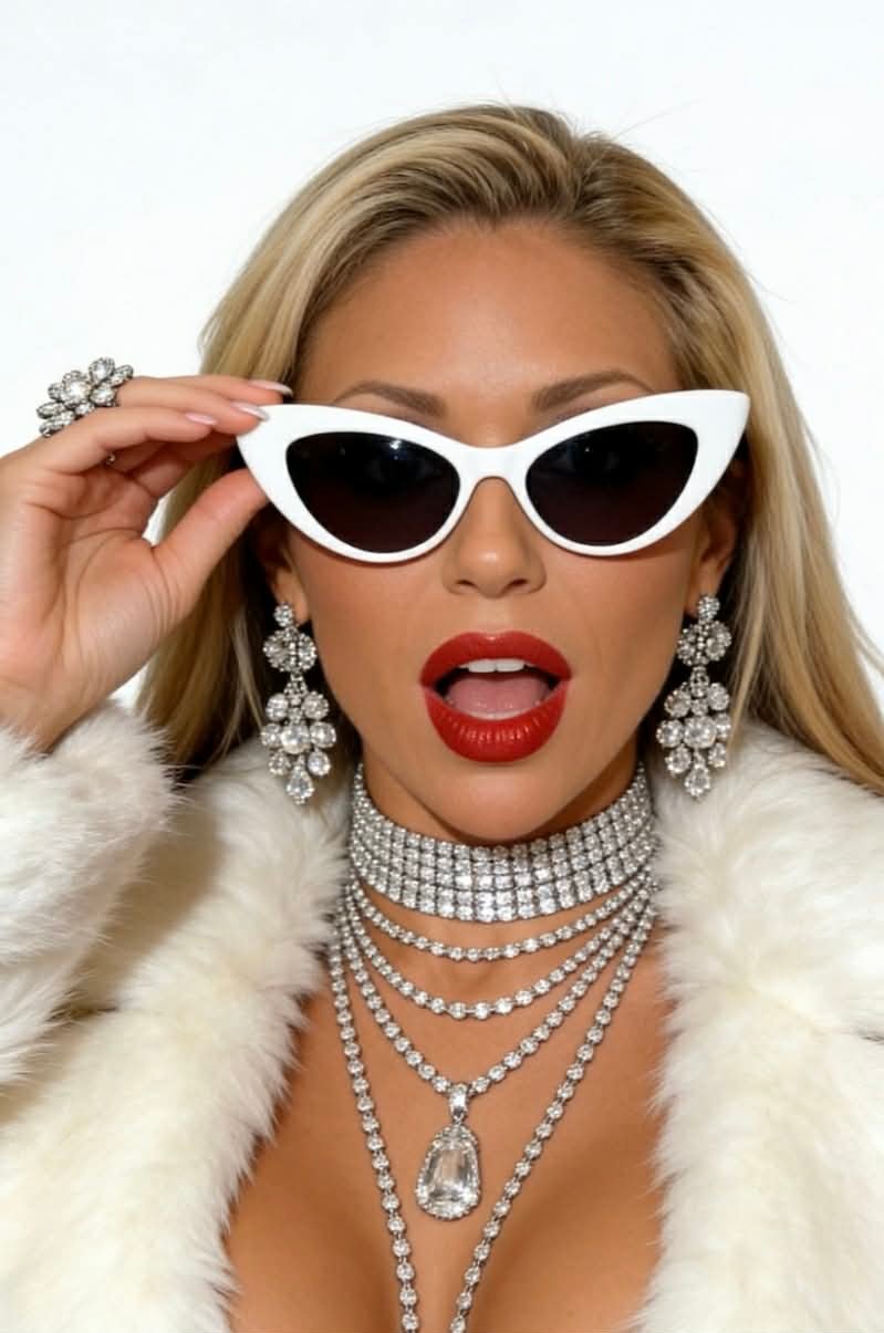 Danielle in white sunglasses with layered diamond necklaces.