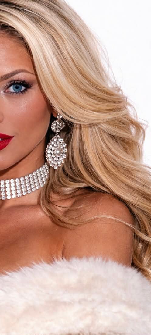 Close portrait of Danielle with blonde hair and diamond earrings.